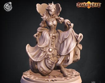 May include: A detailed miniature figurine of a woman wearing a crown and a flowing gown with a heart-shaped design. The figurine is painted in a light brown color and is standing on a circular base with a decorative pattern. The text "Maiden 485" is printed below the base.