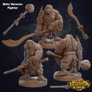 May include: A set of three detailed miniature figurines of a Batu Vanaran Fighter, a humanoid ape-like creature, in various poses. The figurines are painted in a brown and grey color scheme and are holding weapons such as a staff, a sword, and a mace.