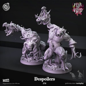 May include: Two detailed, grey Despoilers miniatures, with the text "FEAR THE VOID" and "Despoilers 576". The figures have monstrous features, including open mouths, tentacles, and armored sections. The base size is suggested at 50 mm.