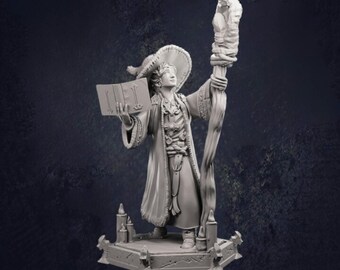May include: A detailed figurine of a wizard holding a book and staff. The wizard wears a long coat, hat, and stands on a decorative platform. The staff is tall and has a detailed top. The figurine is a neutral color against a dark background.