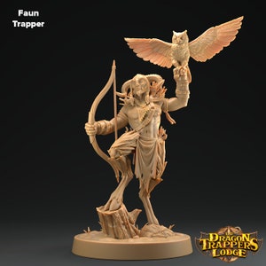 May include: A brown and tan figurine of a faun holding a bow and arrow, with an owl perched on its arm. The faun is standing on a tree stump and has a leafy skirt. The owl is looking to the right. The figurine is on a round base with the text "The Dragon Trappers Lodge" printed on it.