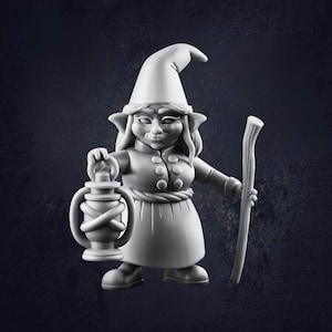 May include: A grey figurine of a smiling gnome-like character holding a lantern and a staff. The figure wears a pointed hat, a button-down coat, and a skirt. The lantern has an X-shaped design.