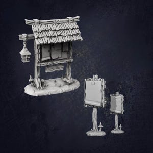 Peut inclure: Un ensemble de panneaux miniatures sur le thème de la fantaisie, avec un toit de chaume, une lanterne et plusieurs panneaux vierges en forme de parchemin. Deux panneaux plus petits assortis sont également inclus, le tout dans une couleur neutre.