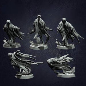 May include: Five grey miniature figures of cloaked spectres, each with a flowing robe and a ghostly appearance. The figures are posed on circular bases with broken stone details, suggesting a fantasy or horror theme.