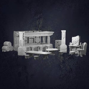 May include: A set of unpainted miniature fantasy tavern and furniture pieces. The set includes a bar, tables, stools, barrels, a fireplace, and a chair. Ideal for tabletop gaming or as decorative items. The pieces are unpainted.