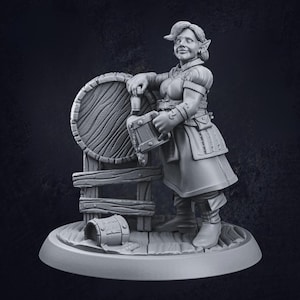 May include: A grey painted miniature figurine of a female elf with a barrel and a mug. The elf is wearing a long dress and has a friendly expression.