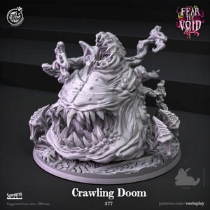 May include: A 3D printed miniature of a monstrous, gray, fleshy creature with a gaping maw and multiple tentacles. The creature is labeled "Crawling Doom 577" and is part of the "Fear the Void" series.