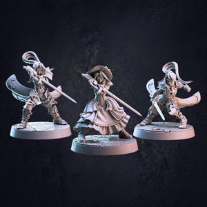May include: Three miniature figures of fantasy characters, each holding a sword and standing on a circular base. The figures are painted in shades of grey.