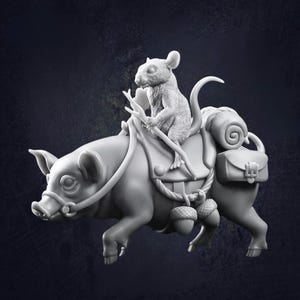 May include: A detailed sculpture of a mouse riding a pig, with saddlebags and acorns. The mouse holds a stick, appearing to guide the pig. The sculpture is in a neutral color, with fine details.