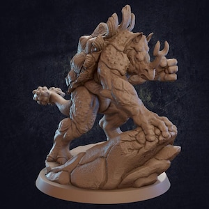 May include: A detailed miniature figurine of a rhinoceros-like creature with a turtle shell on its back. The creature is standing on a rocky base and has a fierce expression.