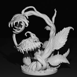 May include: A white, 3D printed miniature of a carnivorous plant with two large, open mouths and multiple tendrils. The plant is posed on a base with leaves and vines.