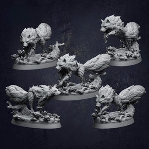 May include: A collection of five gray wolf figurines, each sculpted in a dynamic pose with intricate details. The wolves are depicted with stylized feather-like elements and are set on textured bases, suggesting a natural environment.