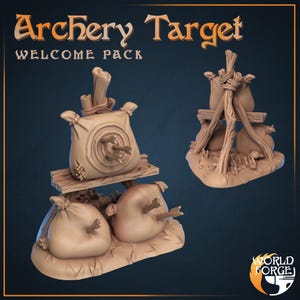 May include: A beige archery target welcome pack with the text "Archery Target Welcome Pack". The pack includes a target with arrows and a wooden structure with bags. The design is for a miniature game.