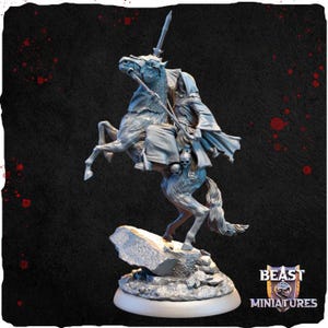 May include: A grey painted miniature of a rider on a rearing horse. The rider is wearing a long cloak and holding a spear. The horse has a skull and crossbones design on its saddle. The miniature is on a grey base with a rock formation.