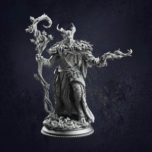 May include: A detailed gray figurine of a mythical forest guardian. The figure has a horned head, leaf-like details on the shoulders and chest, and holds a staff with a curved top. The base is a detailed circular platform.