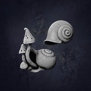 May include: A grayscale sculpture of a snail with a mushroom-shaped structure. The snail's shell is detailed with spiral patterns, and the mushrooms have textured caps with small holes. The artwork is set against a dark, textured background.