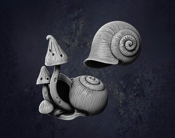 May include: A grayscale sculpture of a snail with a mushroom-shaped structure. The snail's shell is detailed with spiral patterns, and the mushrooms have textured caps with small holes. The artwork is set against a dark, textured background.