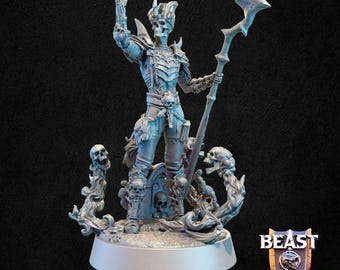 May include: A skeletal figure in armor, wielding a scythe, stands on a base surrounded by skulls and flames. The figure is painted in a light blue color. The base is a circular platform with a textured surface. The figure is a miniature for tabletop gaming.