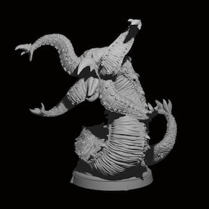 May include: A grey, detailed, 3D printed sculpture of a monstrous creature with multiple limbs and a gaping maw. The creature is posed in a dynamic, contorted position, suggesting movement and aggression. The sculpture is set on a circular base.