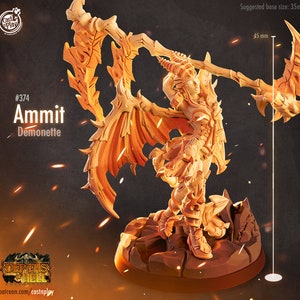 May include: A detailed miniature figurine of Ammit, a demonette from the Depths of Hell series. The figurine is made of a light brown plastic and depicts a female figure with wings, horns, and a spear. The figurine is standing on a rocky base and is approximately 45 mm tall.