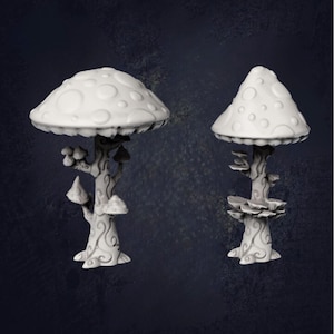 May include: Two white mushroom sculptures with detailed caps and textured stems. The mushrooms have a whimsical design, with a variety of shapes and sizes. The stems have a swirling, organic pattern. The sculptures are set against a dark background.