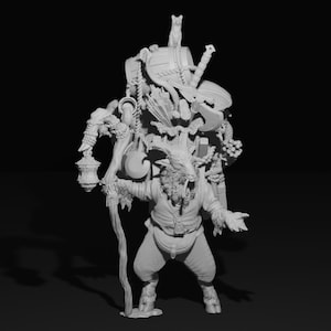 May include: A white, detailed miniature figurine of a goat-like creature with horns, wearing a tunic and carrying a staff and a variety of objects on its back. The figurine is posed in a standing position with its head tilted slightly to the side.