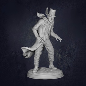 May include: A detailed, grayscale figurine of a man in Victorian attire. He wears a top hat, long coat, scarf, and striped pants. The figure stands on a circular base, with a slightly menacing expression. The overall aesthetic suggests a gothic or fantasy theme.