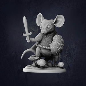 May include: A gray mouse figurine in a warrior pose, holding a sword and shield. The mouse wears a cape and is surrounded by mushrooms. The figurine is on a round base.