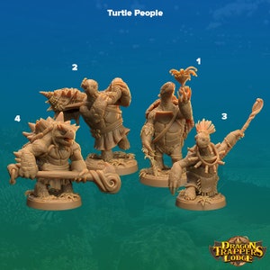 May include: Four detailed figurines of Turtle People in various poses, with textured shells and clothing. The figures are in shades of brown and tan, with the text "Turtle People" at the top and a logo at the bottom.