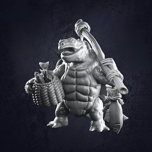 May include: A grey figurine of a turtle-like character, holding a basket of fish and a wooden pole with a fish attached. The creature has a smiling face and a textured shell. The figurine is a detailed sculpture.