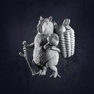 May include: A gray figurine of a capybara carrying a basket on its back and holding a stick. The capybara is also hugging a smaller figure. The figurine has a textured surface and is set against a dark background.