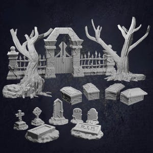 May include: A collection of gray miniature graveyard scenery, including trees, a gate, fence, coffins, and tombstones. The tombstones have the letters "R.I.P." engraved on them. The scene is designed for tabletop gaming or miniature displays.