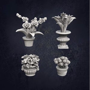 May include: Four grey decorative flower arrangements. One features orchids in a pot, another has calla lilies in a vase, a third has leafy flowers in a decorative pot, and the last has tulips in a pot. All are set against a dark background.