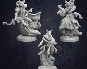 May include: Three gray fox-like figurines in various poses. One figure holds a staff, another has two small fox figures on its shoulders, and the third is wrapped in a cloak. All are on circular bases, with detailed textures.