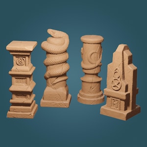 May include: Four decorative stone pillars with intricate carvings. Two pillars have a square base, one has a round base, and one has a snake design.