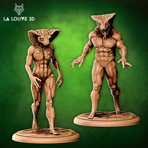 May include: Two detailed miniature figures of humanoid creatures with snake-like heads. The figures are sculpted in a realistic style and have a muscular build. The figures are standing on circular bases.