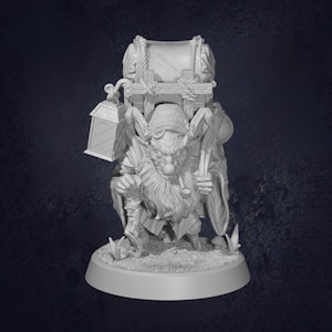 May include: A detailed figurine of a fantasy creature, possibly a gnome or dwarf, carrying a pack and lantern. The figure has a long beard, a hat, and is holding a pipe. The pack is secured with rope, and the lantern is hanging from the side.