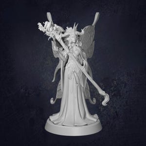 May include: A white figurine of a fairy queen, with a long gown, crown, and large wings. She holds a staff with flowers. The figurine is on a round base. The details are intricate.