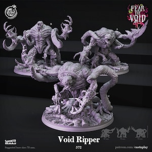 May include: Three detailed, grey, 3D printed miniature figures of a monstrous creature with multiple limbs and sharp claws. The creature is called "Void Ripper 572" and is part of a set called "Fear the Void".
