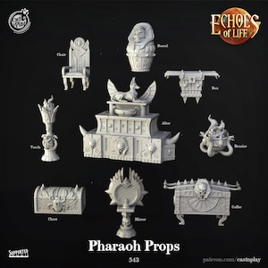 May include: A set of 10 3D printed miniature props in a gray color, themed around ancient Egypt. The props include a chair, a barrel, a box, a brazier, a torch, an altar, a chest, a mirror, and a coffer. The props are designed for tabletop role-playing games or miniature wargaming.