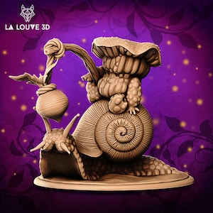 May include: A brown and beige figurine of a mushroom creature riding a snail. The snail is carrying a small, round, brown object on its back. The figurine is set against a purple background with vines and glowing lights.