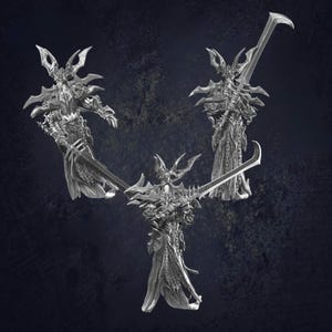 May include: Three detailed, silver-colored fantasy figures, each with a unique design. The figures are posed with large, curved blades and intricate armor, set against a dark background. The figures appear to be from a fantasy or tabletop game.