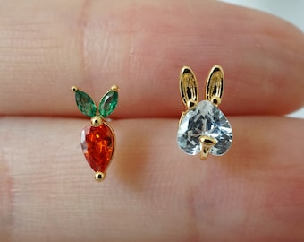 Crystal bunny & Carrot studs, Rabbit studs earrings, Danity Rabbit studs, Carrot earrings, Gold Bunny studs, Vegi studs earrings, tiny bunny