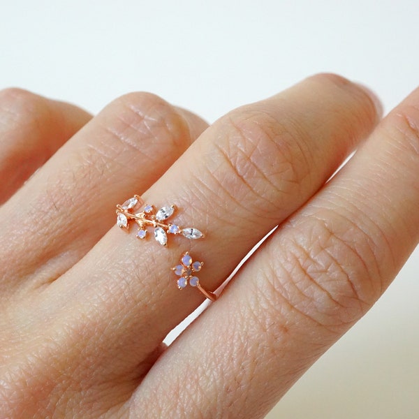 Dainty Moonstone Leaf Ring, CZ Branch & Twig Ring, Cubic Rose Gold Olive Leaf, Crystal Wraparound Ring, Adjustable Open Ring, Nature Lover