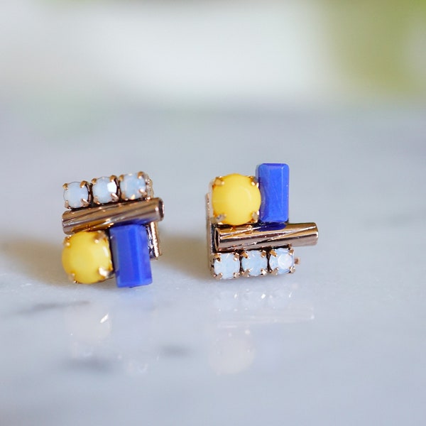 Trinity Vivid Studs, Multi Stone Cube earrings, Geometric studs, CZ Gemburst, Pop Multi colors (Moonstone, Metal, Blue, Yellow) Square