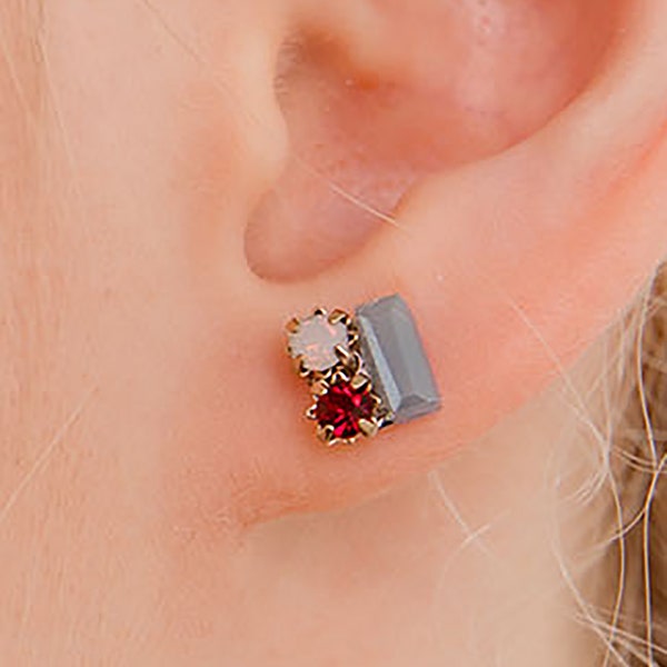 White Geometric Gemstone Studs, Square Multi stone Earrings, Ruby Crystal CZ cube, Cute bon bon studs, Deep red, Moonstone, Gray cubic studs