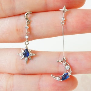 Moon and Star drop earrings, Celestial Crescent Earrings, Unbalance drop earrings, Silver Half Moon, Deep Blue Cubic Zirconia, Night Sky