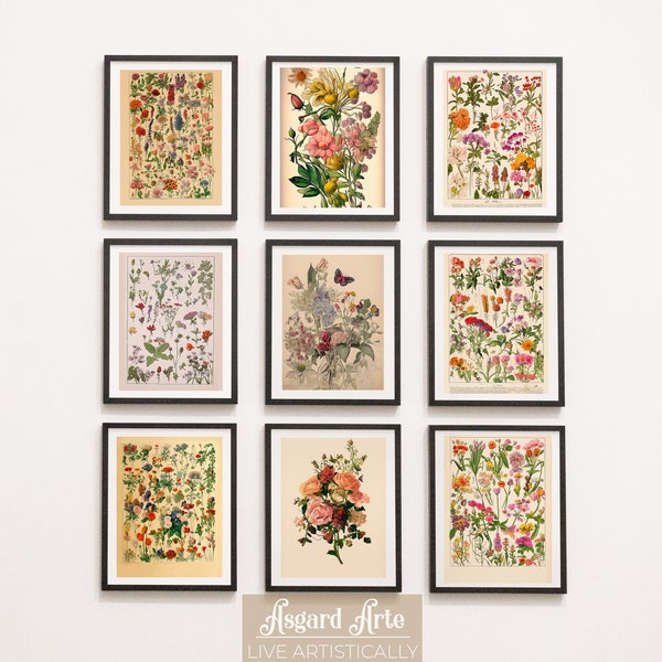 Printable Vintage Gallery Wall Art Floral BIG SET of 9 | Flower Digital Poster Adolphe Millot style | Antique Prints Warm Aesthetic Decor