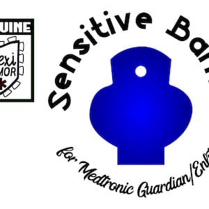 以下が含まれることがあります： メドトロニックガーディアン/エンライト用の青いハート型の敏感なバリア。"Sensitive Barrier"と"for Medtronic Guardian/Enlite"という黒いテキストが書かれています。