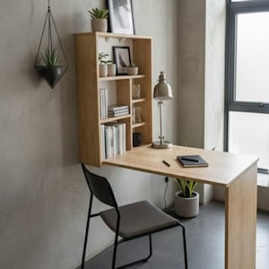 壁掛け式折りたたみデスク（棚付き） - 省スペースのマーフィーテーブル